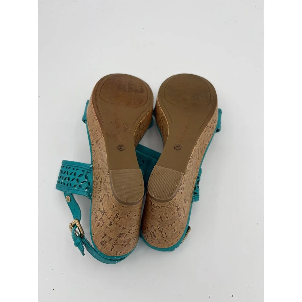 Liz Claiborne Teal Laser Cut Cork Wedge Sandals Womens 7.5M Blue 106-6263